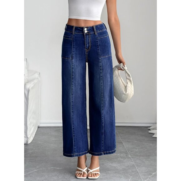 Womens Wide Leg Baggy Jeans High Waisted Stretchy Casual Ankle Denim - Picture 4 of 7